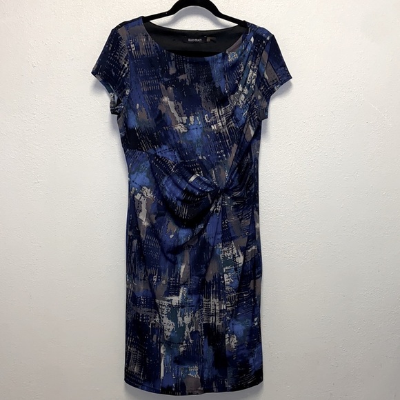 Ellen Tracy Size 10 Blue Brushstroke Front-Twist Lined A-Line Dress: 4917 - Picture 2 of 8